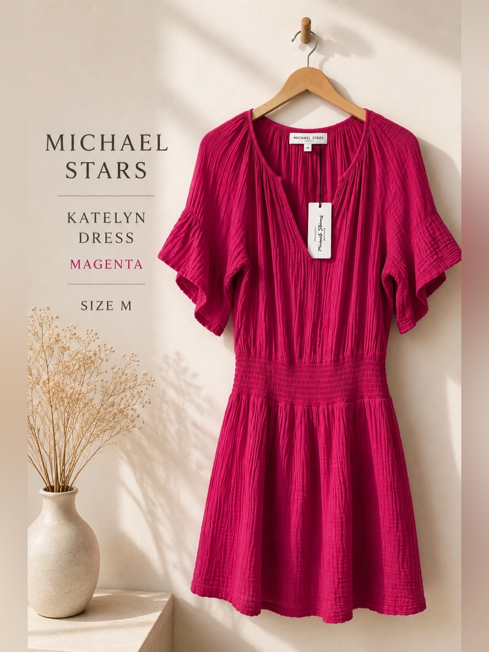 Michael Stars Katelyn Magenta Double Gauze Smocked Waist Dress M NWT